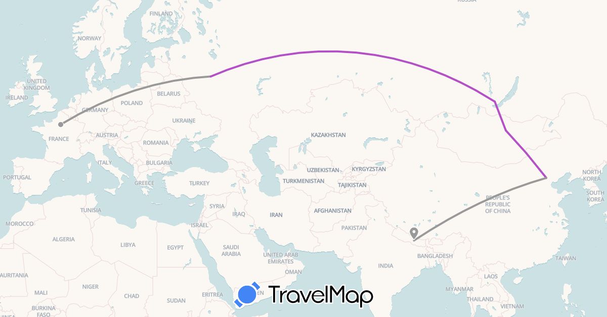 TravelMap itinerary: driving, plane, train in China, France, Mongolia, Nepal, Russia (Asia, Europe)